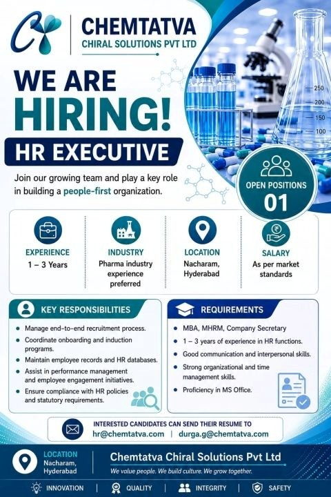 Chemtatva Chiral Solutions Pvt Ltd is hiring an HR Executive for its Hyderabad facility.