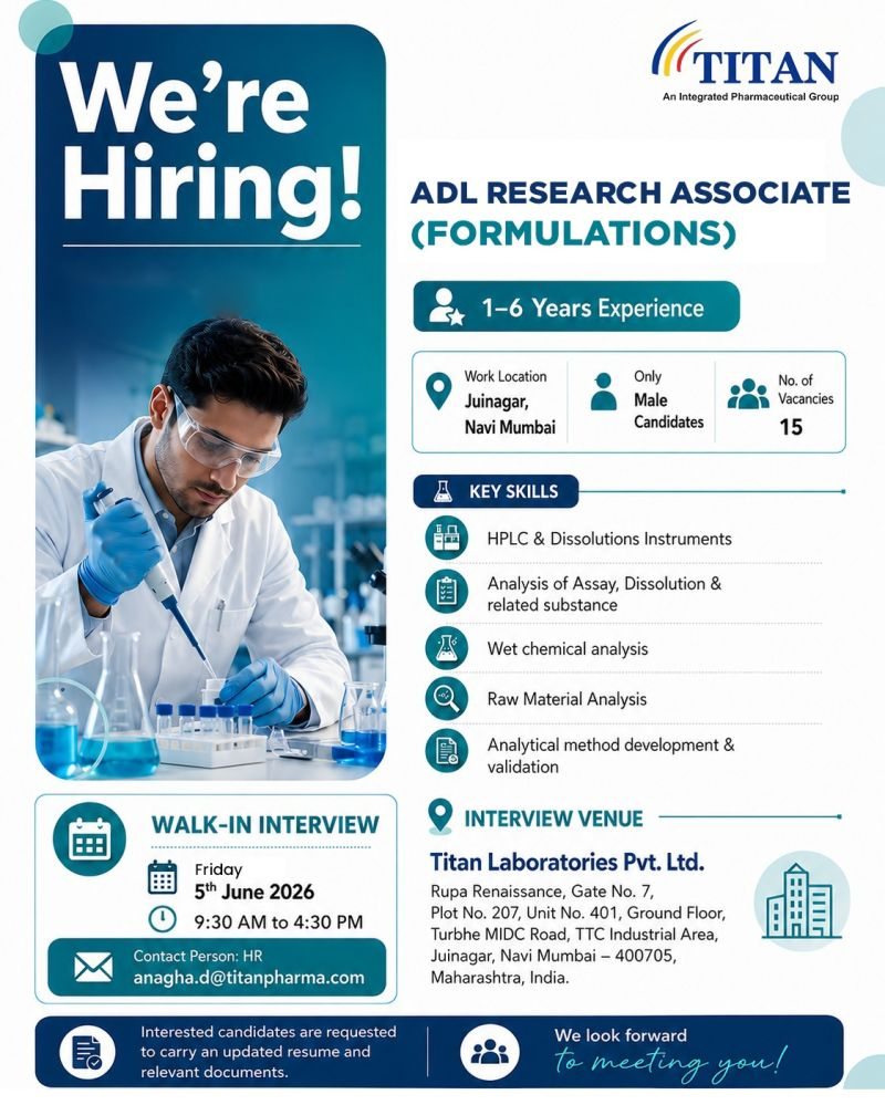 ADL Research Associate (Formulations) Jobs at Titan Laboratories – Walk-in Interview Navi Mumbai