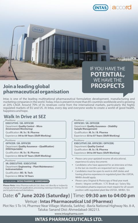 Intas Pharmaceuticals Walk-in Drive 2026 – Multiple Openings in QC, QA & Engineering at Ahmedabad