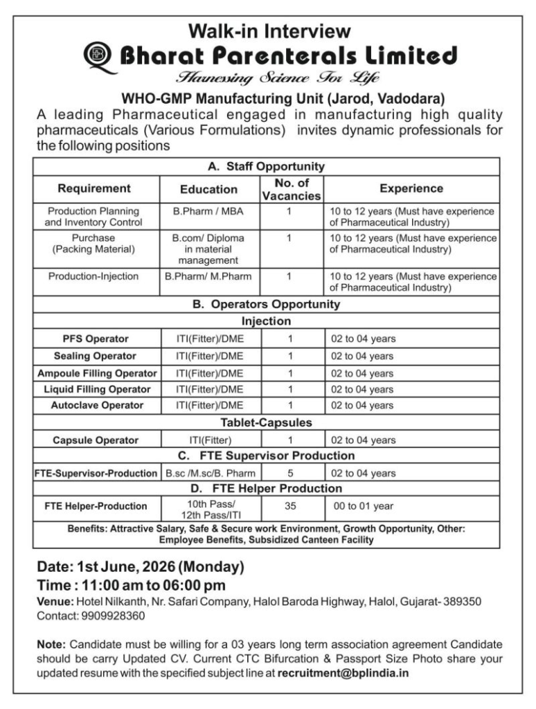 Bharat Parenterals Limited Walk-in Interview 2026 – Production, Operator & Supervisor Jobs in Vadodara