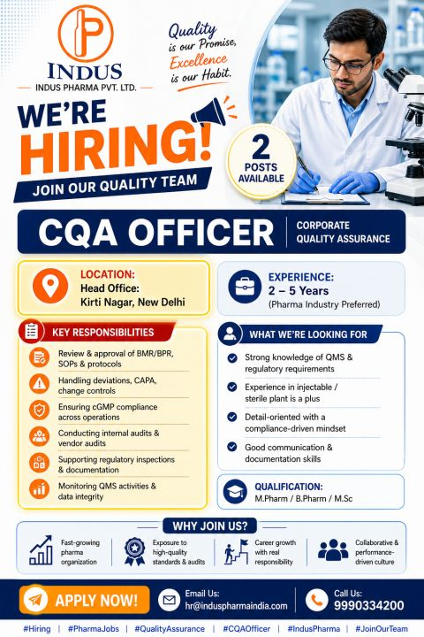 Indus Pharma Hiring CQA Officer in New Delhi – Quality Assurance