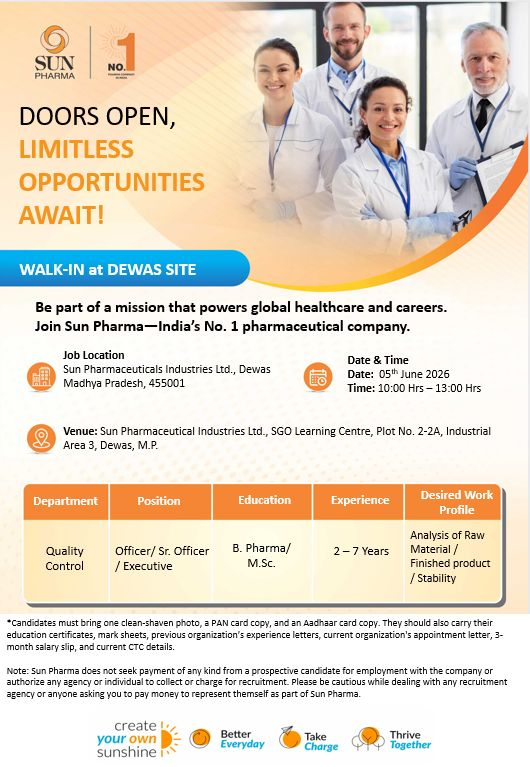 Sun Pharma Walk-in Interview 2026 – Quality Control Officer / Executive Jobs in Dewas, Madhya Pradesh