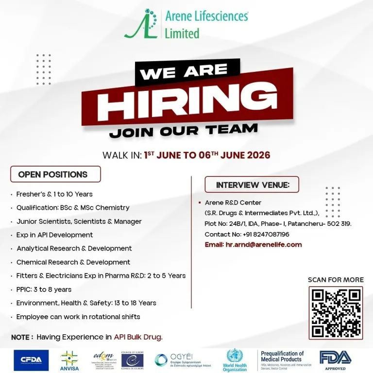 Arene Lifesciences Limited is conducting a walk-in interview from 1st to 6th June 2026 for multiple pharma jobs in R&D, Production Support, PPIC, and EHS.