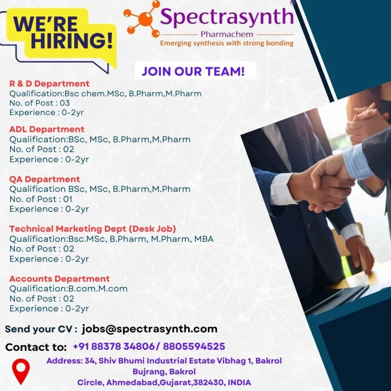 Spectrasynth Pharmachem is hiring freshers for multiple pharma jobs in R&D, ADL, QA, Technical Marketing, and Accounts departments.