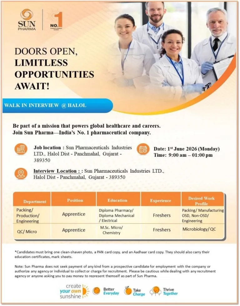 Sun Pharma is conducting a walk-in interview on 1st June 2026 for Apprentice and Fresher positions in Production, Packing, Engineering, and QC/Micro departments.