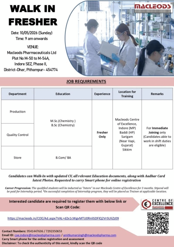 Macleods Pharmaceuticals is conducting a walk-in interview for freshers on 10th May 2026 at Pithampur.