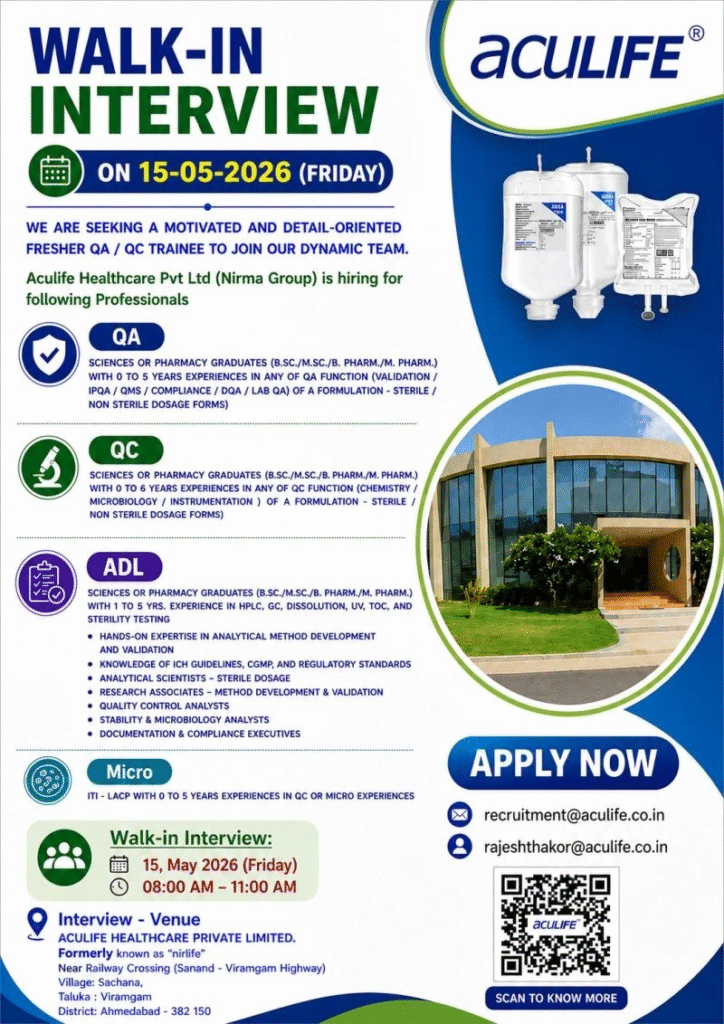 Aculife Healthcare Pvt Ltd (Nirma Group) is conducting a walk-in interview on 15 May 2026 for QA jobs, QC jobs, ADL, and Microbiology roles.