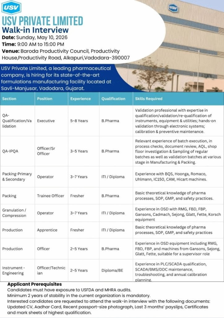 USV Private Limited is conducting a walk-in interview on 10 May 2026 for multiple QA jobs, production jobs, Packing, and Engineering roles at its Vadodara formulations facility.