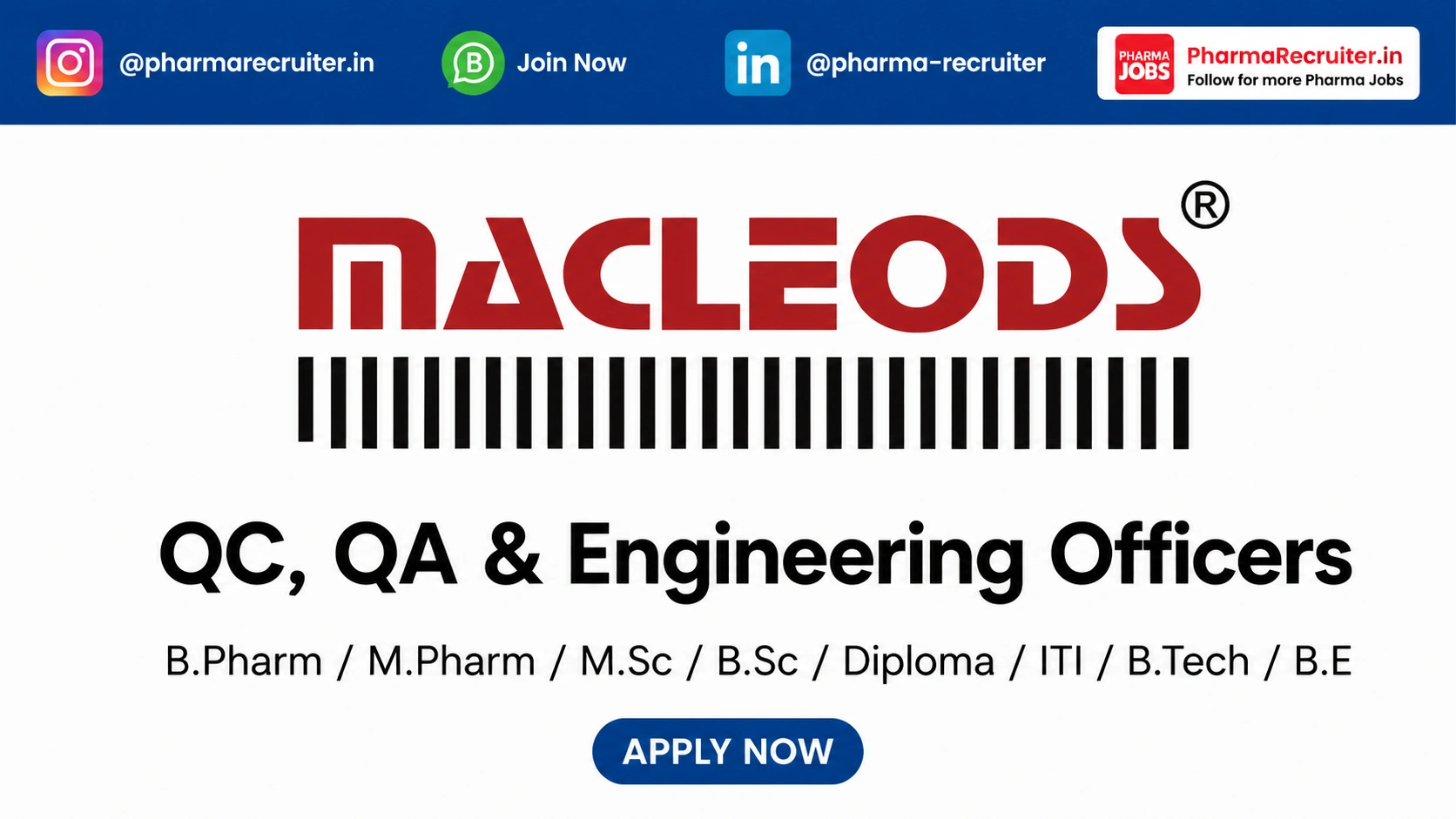 B.Pharm / M.Pharm / M.Sc / B.Sc / Diploma / ITI / B.Tech / B.E