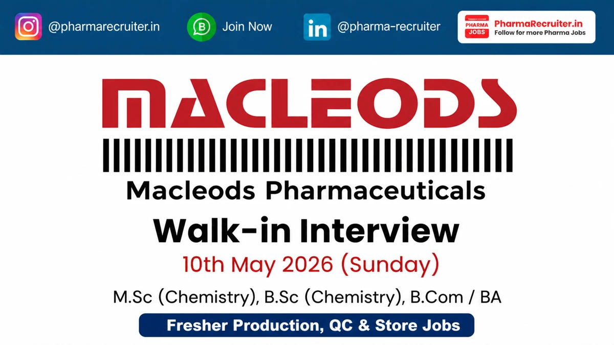 This is an excellent opportunity for B.Sc, M.Sc Chemistry, B.Com/BA graduates seeking pharma jobs, production jobs, QC jobs