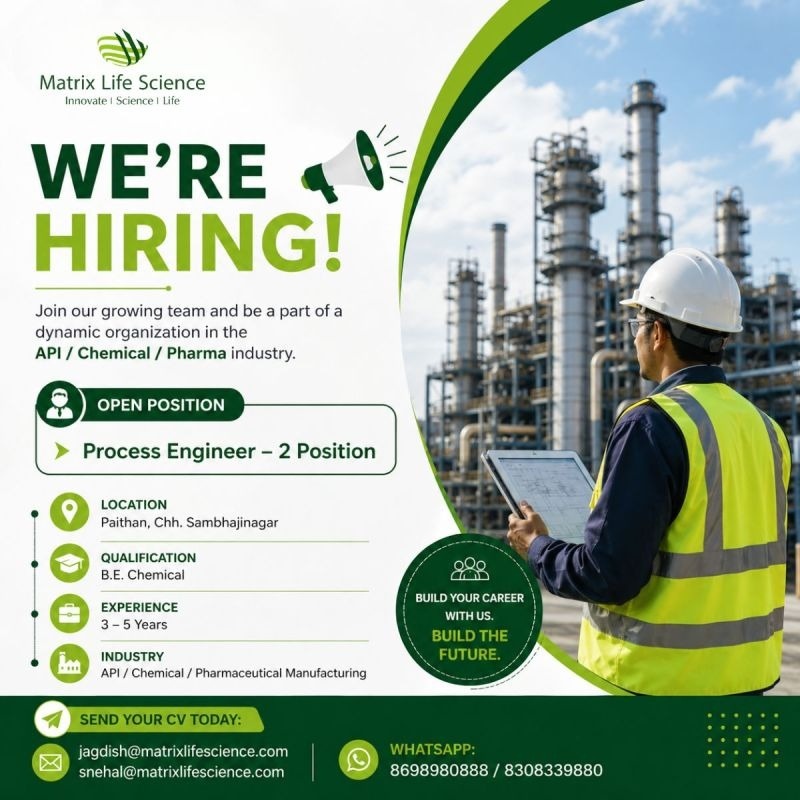 Matrix Life Science Hiring Process Engineers | Pharma Jobs in Paithan, Chh. Sambhajinagar