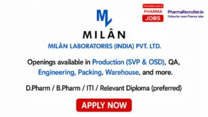 D.Pharm / B.Pharm / ITI / Relevant Diploma (preferred)