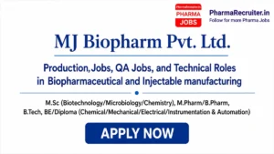 M.Sc (Biotechnology/Microbiology/Chemistry), M.Pharm/B.Pharm, B.Tech, BE/Diploma (Chemical/Mechanical/Electrical/Instrumentation & Automation)