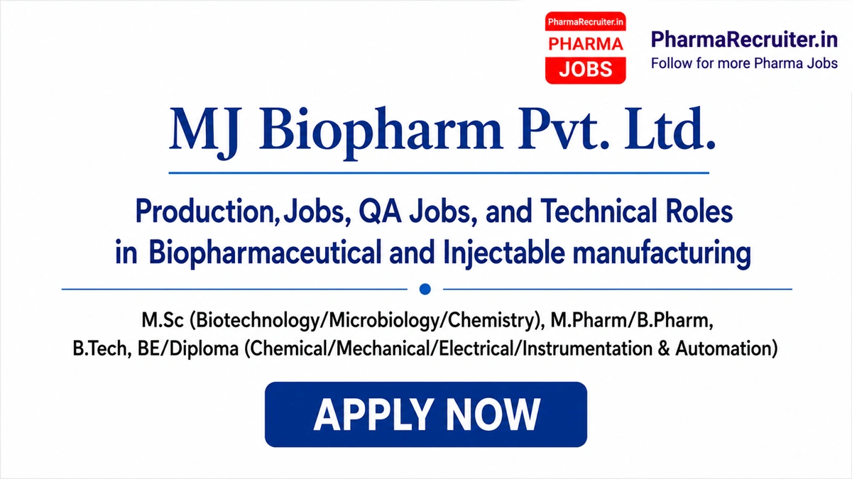 M.Sc (Biotechnology/Microbiology/Chemistry), M.Pharm/B.Pharm, B.Tech, BE/Diploma (Chemical/Mechanical/Electrical/Instrumentation & Automation)