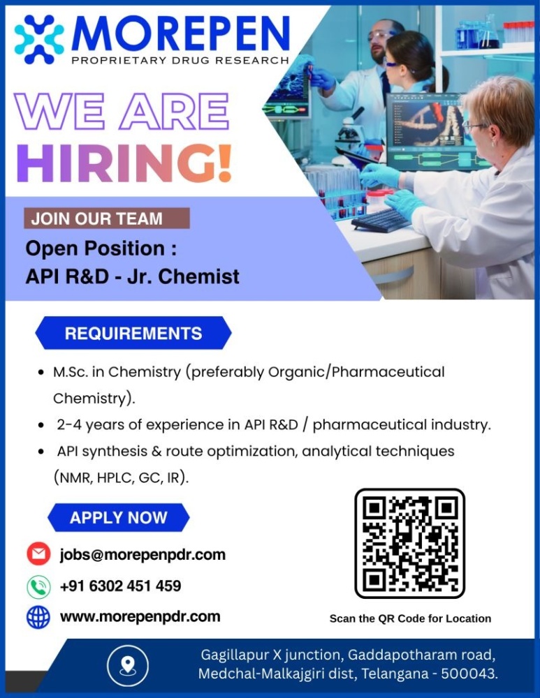 Morepen Proprietary Drug Research Hiring API R&D Jr. Chemist in Telangana