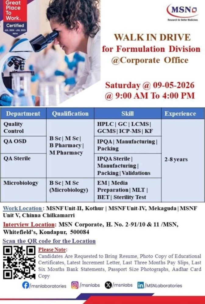 MSN Laboratories Walk-In Interview for QA, QC & Microbiology on 9th May 2026 (Saturday)