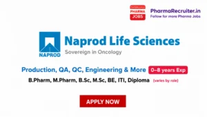 B.Pharm, M.Pharm, B.Sc, M.Sc, BE, ITI, Diploma (varies by role)