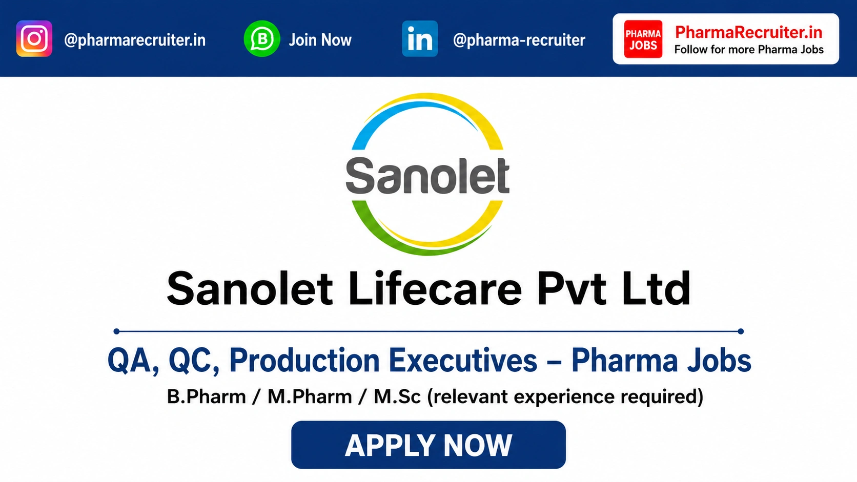 : B.Pharm / M.Pharm / M.Sc (relevant experience required)
