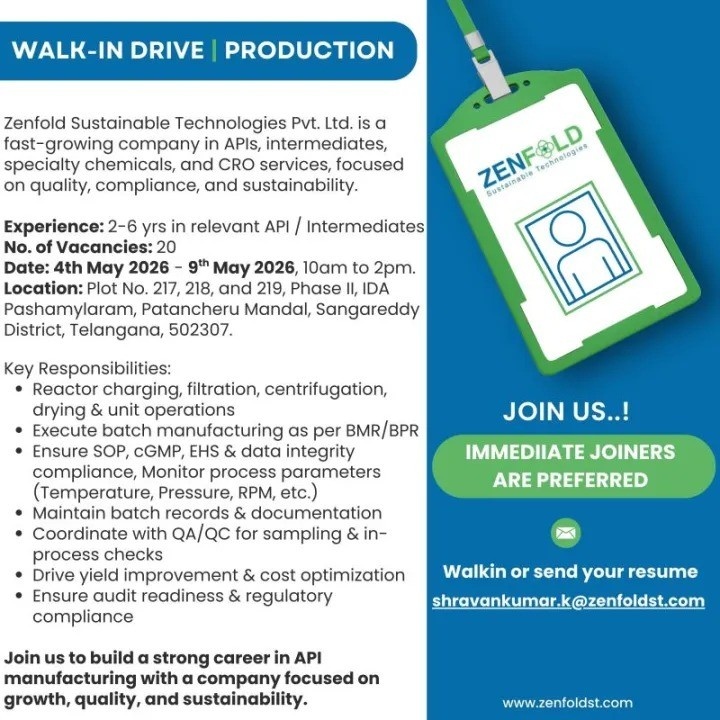 Walk-In Interview for Production Jobs in API Industry | Zenfold Sustainable Technologies Hiring (2–6 Years) on 4th May 2026 – 9th May 2026