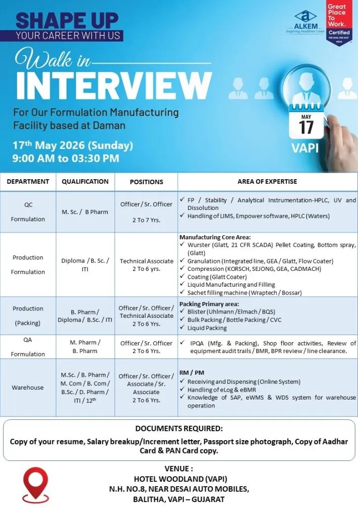 Alkem Laboratories Walk-In Interview for QA, QC, Production & Warehouse Roles in Daman on 17th May 2026 (Sunday)
