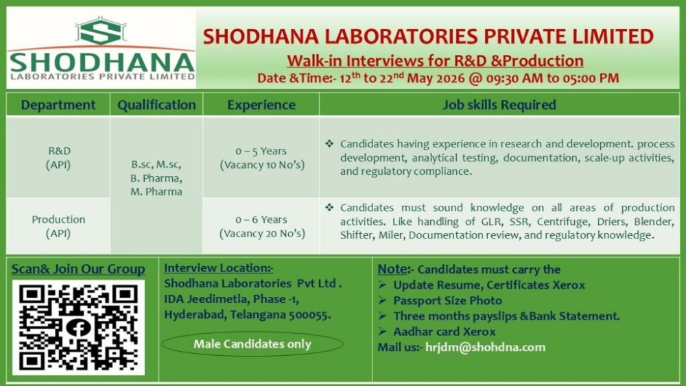 Shodhana Laboratories Walk-in Interview for R&D and Production Jobs | Pharma Jobs in Hyderabad on 12th May 2026 to 22nd May 2026