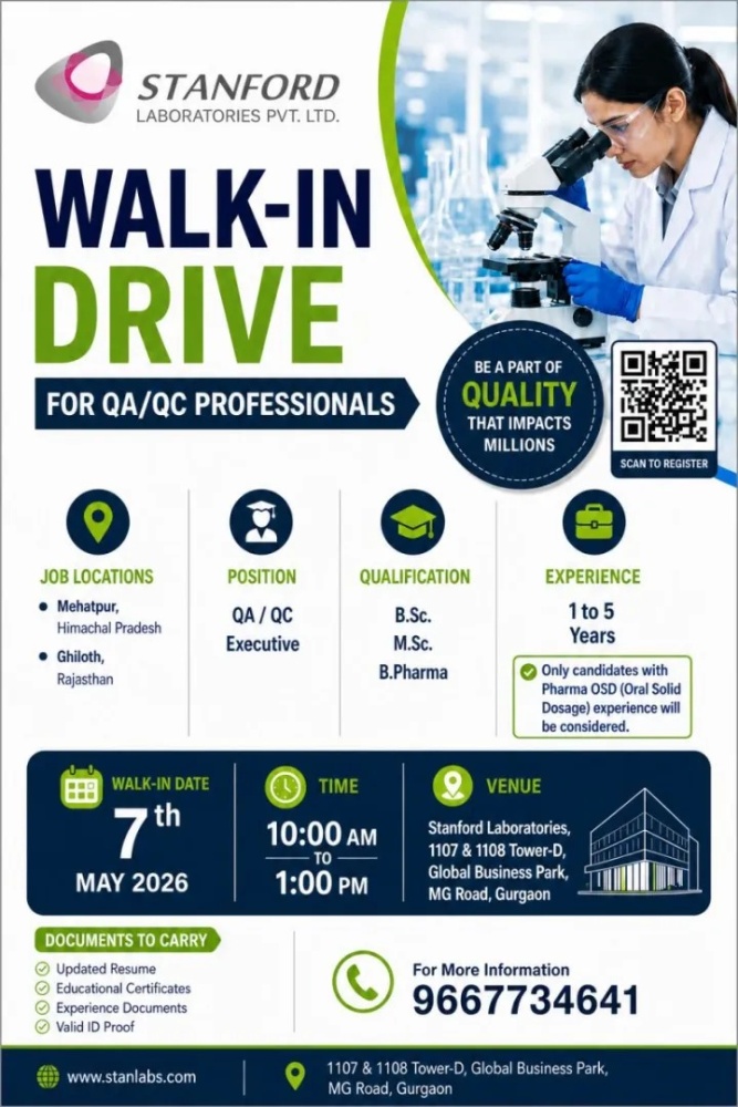 Stanford Laboratories Walk-In Interview for QA/QC Professionals | Pharma Jobs in India on 7th May 2026