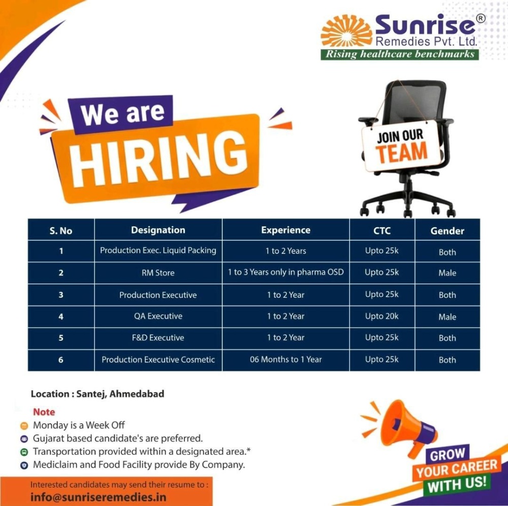 Sunrise Remedies Hiring – Pharma Jobs for Production, QA & F&D Executives in Ahmedabad