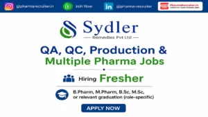 B.Pharm, M.Pharm, B.Sc, M.Sc, or relevant graduation (role-specific)