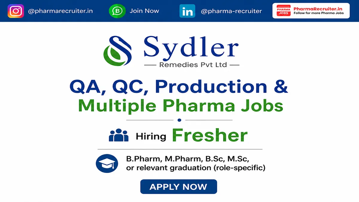 B.Pharm, M.Pharm, B.Sc, M.Sc, or relevant graduation (role-specific)