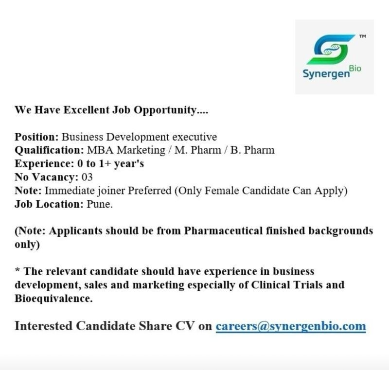 Business Development Executive Jobs at Synergen Bio – Pharma Careers in Pune