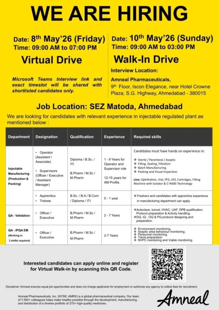 Amneal Pharmaceuticals Hiring | Pharma Jobs, Walk-In Interview, QA & Production Careers in India on 8th May 2026 (Friday) and 10th May 2026 (Sunday)