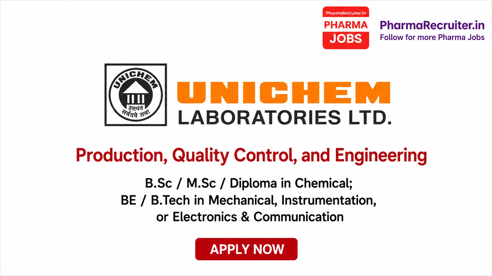 B.Sc / M.Sc / Diploma in Chemical; BE / B.Tech in Mechanical, Instrumentation, or Electronics & Communication