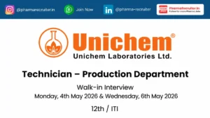 This walk-in interview is a great opportunity for pharma jobs seekers with 12th/ITI qualification and 1-3 years experience.