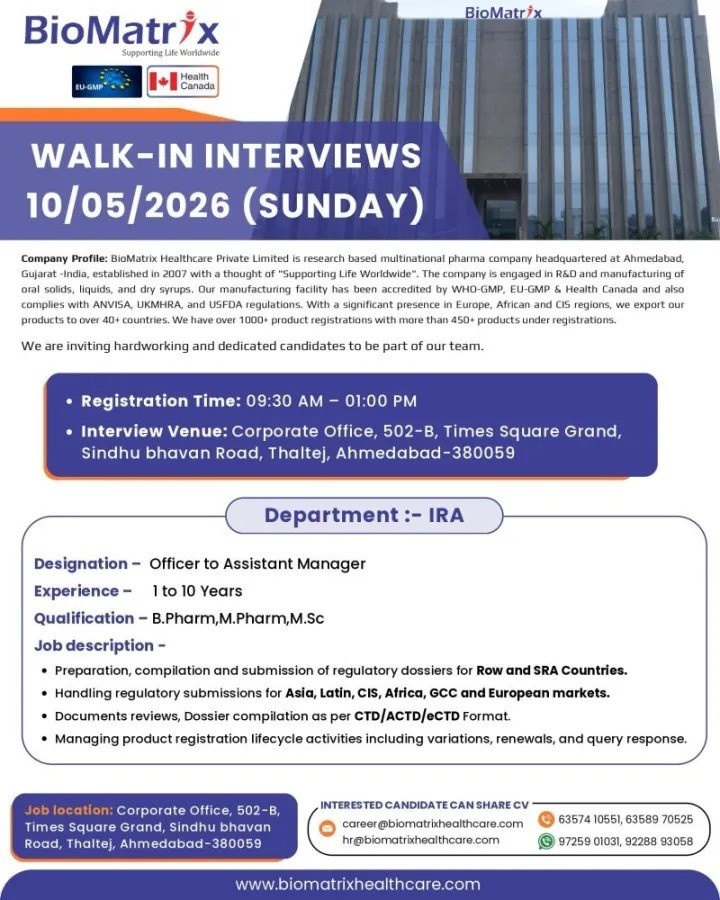 BioMatrix Healthcare Walk-In Interview | Pharma Jobs in Regulatory Affairs (IRA) on 10th May 2026 (Sunday)