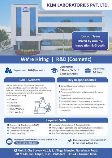 Cosmetic R&D Executive Job Opening at KLM Laboratories Pvt. Ltd. | Pharma Jobs in Gujarat