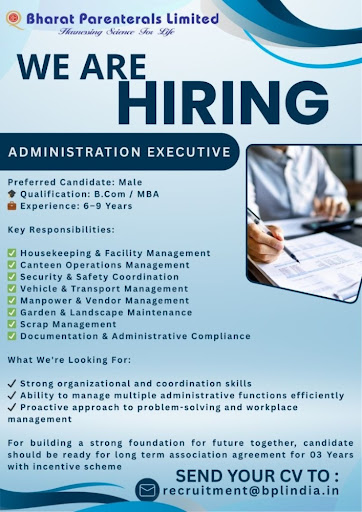 Bharat Parenterals Limited Hiring Administration Executive | Pharma Jobs in India 2026
