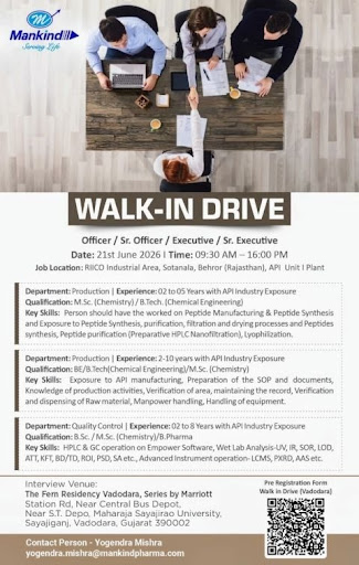 Mankind Pharma Walk-In Drive for Production and Quality Control Professionals | API Jobs in Rajasthan on 21 June 2026