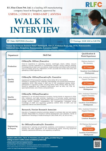 RL Fine Chem Pvt. Ltd. Walk-In Interview for Production, QC, QA, AR&D and Engineering Professionals on 5th July 2026