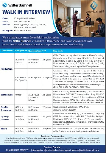 Walter Bushnell Walk-in Interview | Production, QA, QC, Engineering, Warehouse & Operations Jobs in Roorkee on 5 July 2026 (Sunday)