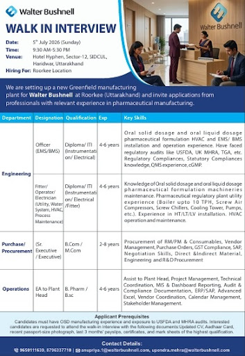 Walter Bushnell Walk-in Interview | Production, QA, QC, Engineering, Warehouse & Operations Jobs in Roorkee on 5 July 2026 (Sunday)