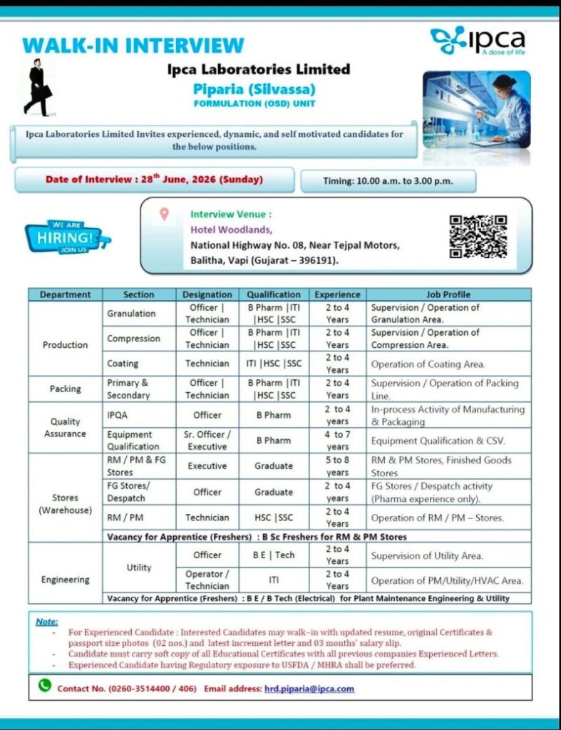 Ipca Laboratories Walk-in Interview for Production, QA, Stores & Engineering Roles | Pharma Jobs in Silvassa on 28th June 2026 (Sunday)