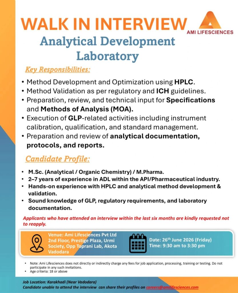 AMI Lifesciences Walk-In Interview for Analytical Development Laboratory (ADL) Professionals in Vadodara on 26 June 2026 (Friday)