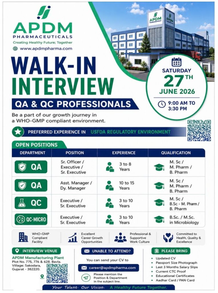 APDM Pharmaceuticals Walk-in Interview for QA & QC Professionals in Gujarat | Pharma Jobs on 27th June 2026