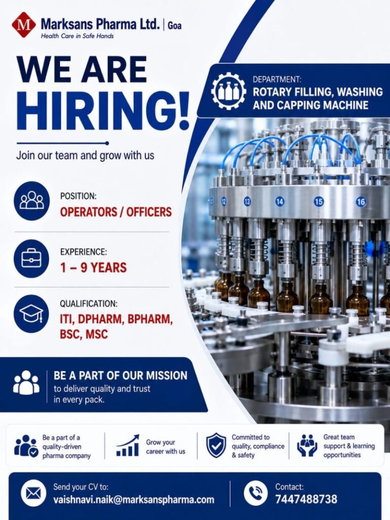 Marksans Pharma Goa Hiring Operators and Officers | Production Jobs in Pharma Industry