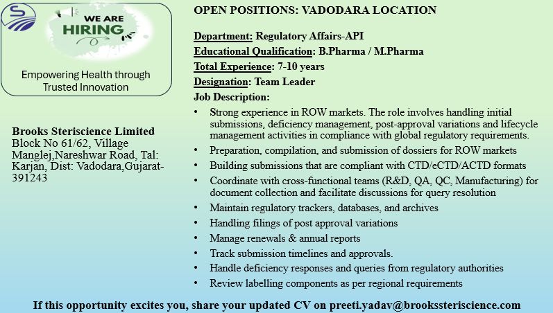 Brooks Steriscience Limited Hiring Team Leader – Regulatory Affairs (API) | Pharma Jobs in Vadodara 2026