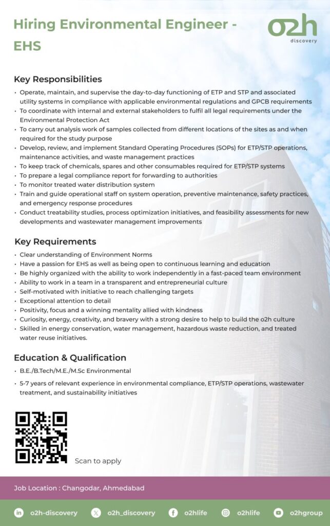 Environmental Engineer – EHS Jobs in Ahmedabad | o2h Discovery Hiring Experienced Professionals