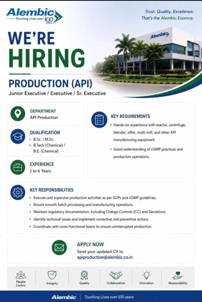 Alembic Pharma Production Jobs 2026 | Hiring Junior Executive, Executive & Sr. Executive – API Production