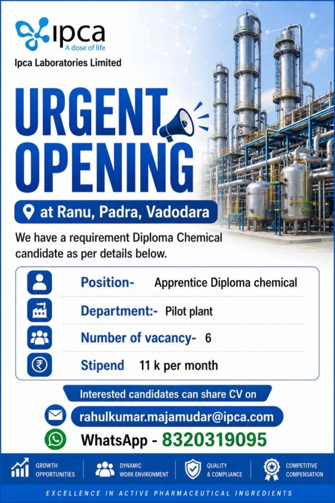 Ipca Laboratories Limited Hiring Apprentice Diploma Chemical Candidates for Pilot Plant Department at Vadodara