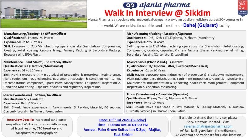 Ajanta Pharma Walk-in Interview at Sikkim | Manufacturing, Packing, Maintenance & Warehouse Jobs on 5th July 2026