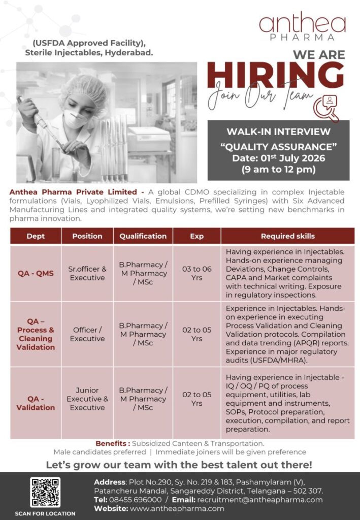 Anthea Pharma Walk-in Interview for Quality Assurance Jobs | USFDA Approved Sterile Injectables Facility on 1st July 2026